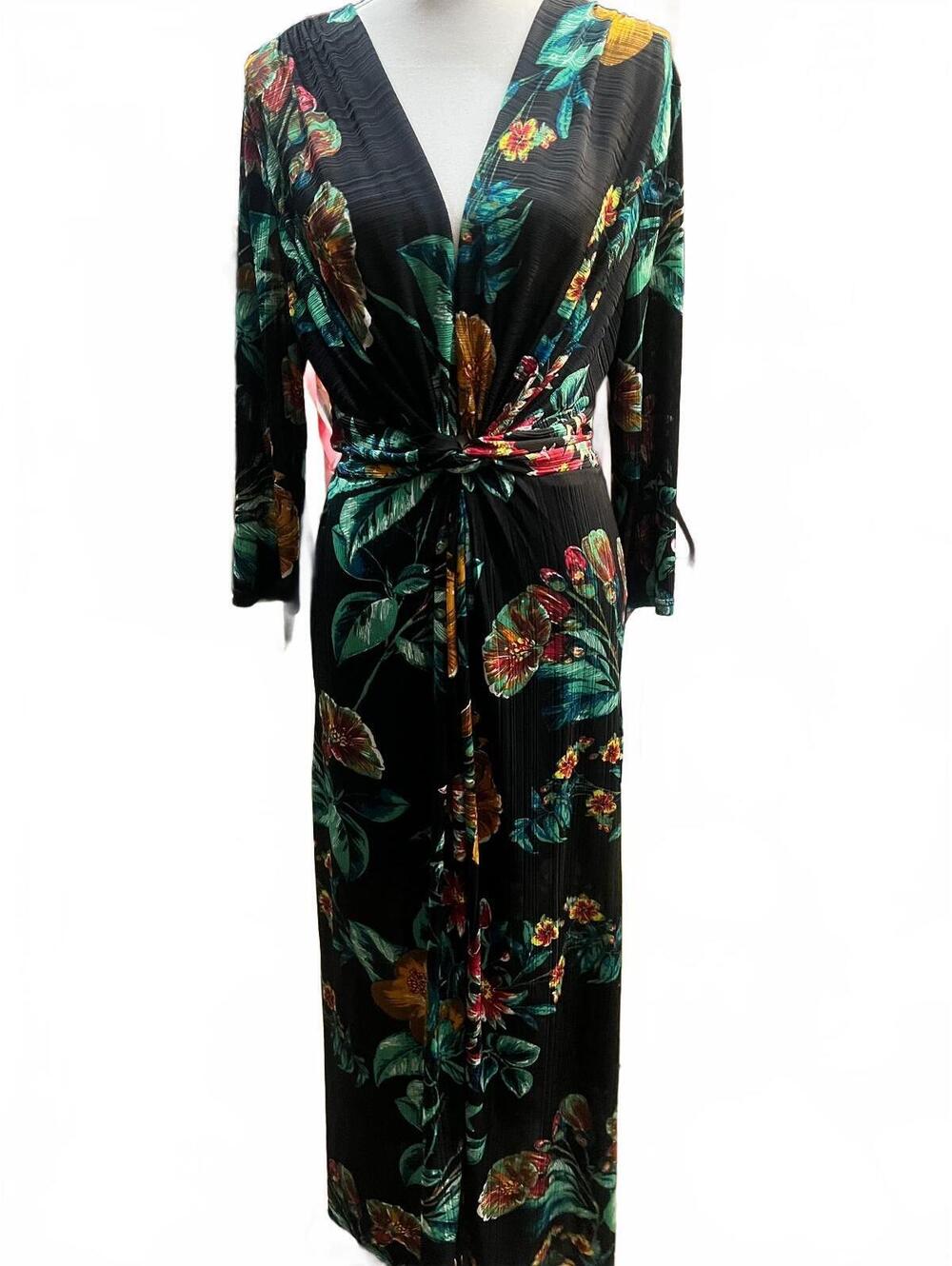 Elegant Black Floral Long Sleeve Maxi Dress Knotted Waist and Back Tie-Size 10 - Picture 2 of 7